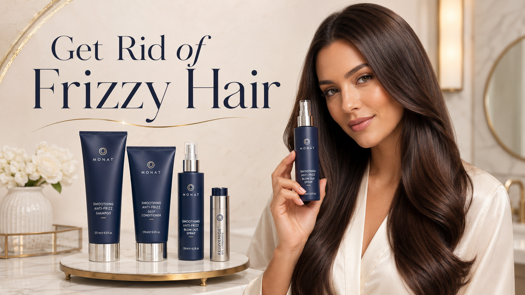 Woman with smooth healthy-looking hair for guide on how to get rid of frizzy hair